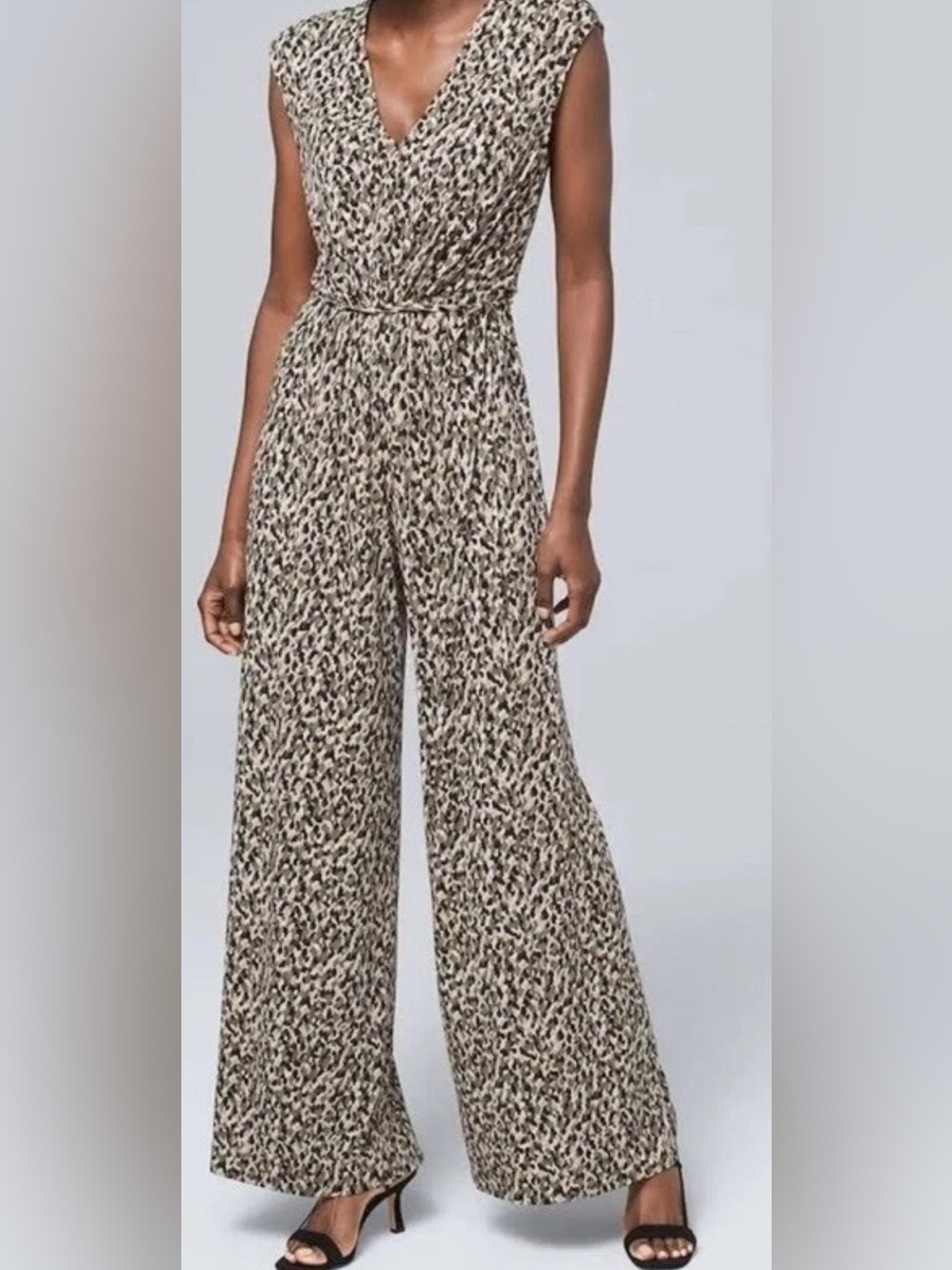 White House Black Market Beige and Black Wide-Leg Animal Print Jumpsuit Pants